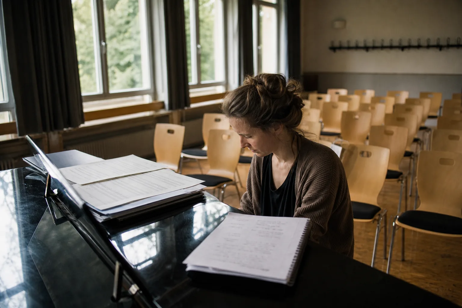 Klavier mit Noten und Programmliste vor leeren Stuhlreihen bei einem Vorspiel