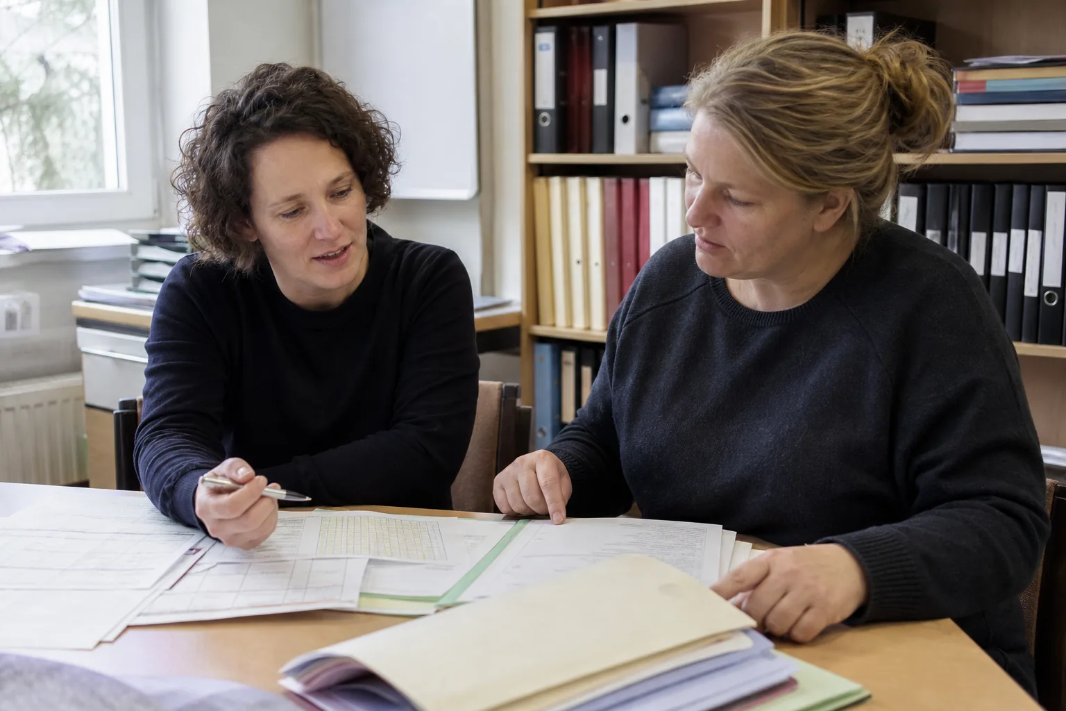 Leitungskraft und Lehrkraft prüfen einen Unterrichtsauftrag mit Stundenplan