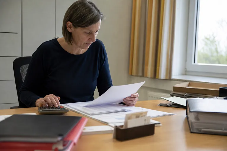 Verwaltungsmitarbeiterin korrigiert eine Honorarabrechnung anhand einer Stundenliste